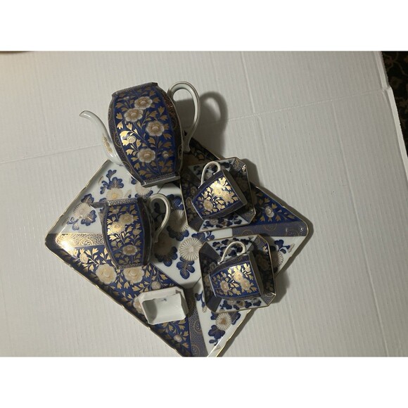 Antique 7 Piece Fukagawa Koransha Cobalt Blue and Gold Gilt Tea Set W Platter - Picture 10 of 15